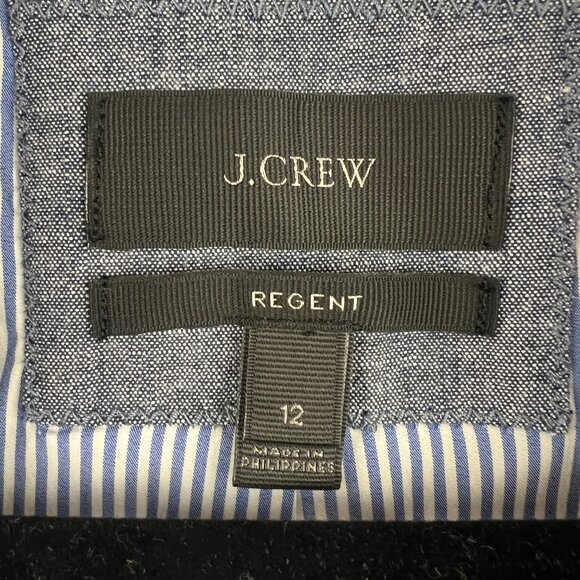 J. Crew Regent Four-Season Chambray Blazer Size 12 Ruffle Trim Striped Lining - Picture 4 of 11
